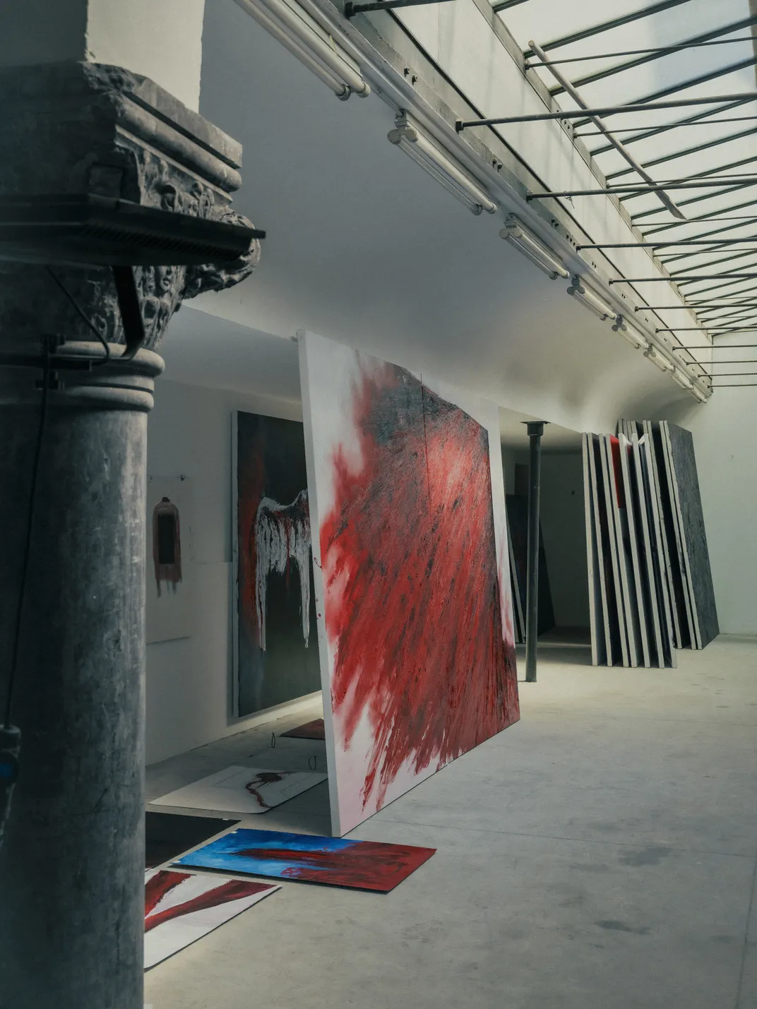 Both Kapoor’s wax and silicone works, often on canvas, led him to painting as “a logical step,” he says. Many of the works in his studio remain untitled.