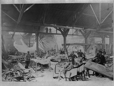 Workmen constructing the Statue of Liberty in Bartholdi's Parisian warehouse workshop in the winter of 1882. 