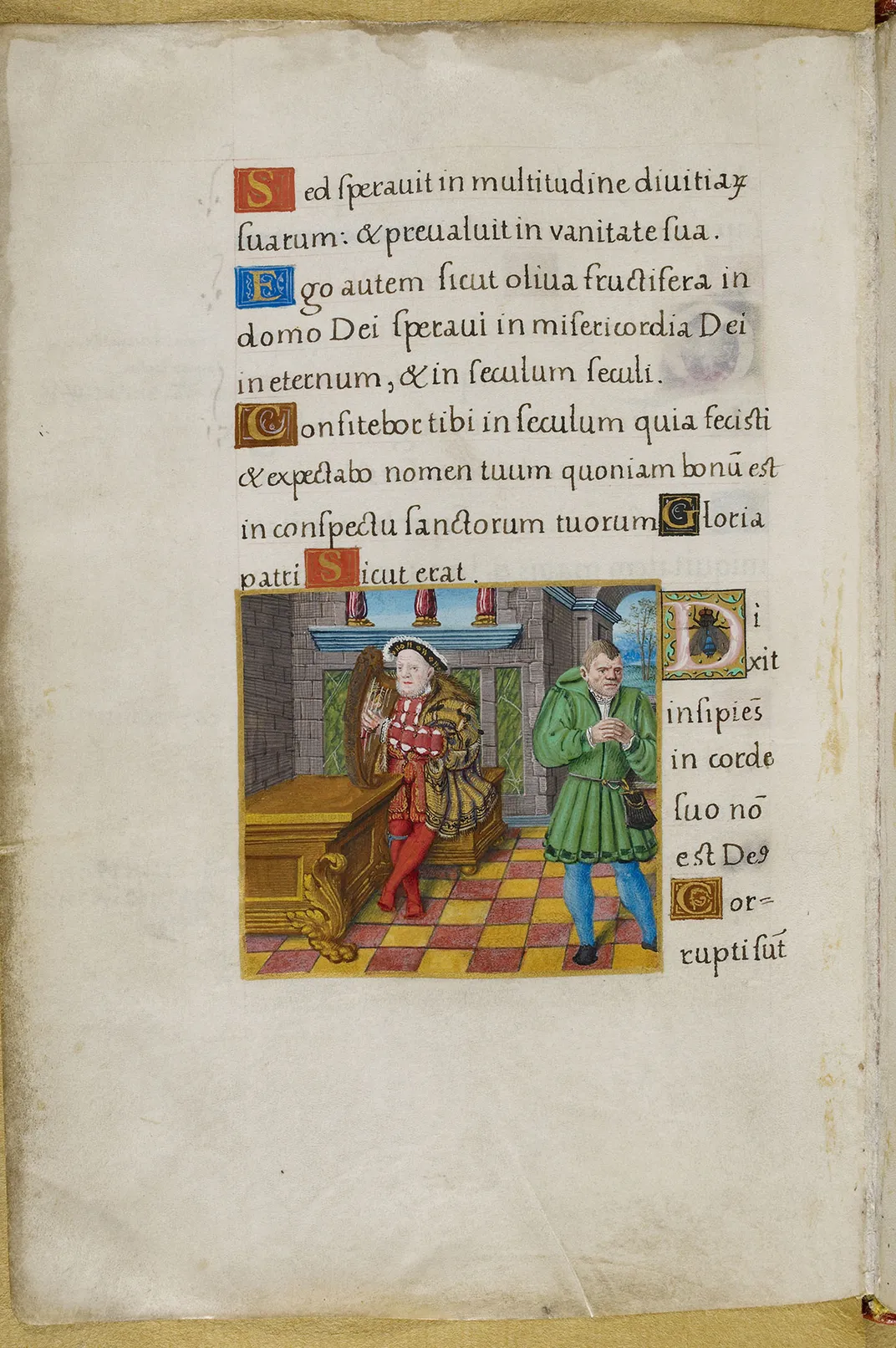 Page from Henry's psalter, featuring an illustration of him as King David