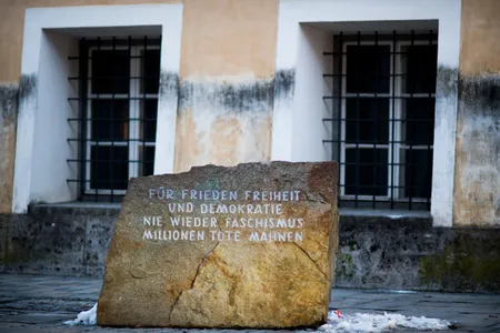 The stone in front of the home in Braunau am Inn, Austria, where Adolf Hitler was born reads "For peace, freedom and democracy, never again fascism, millions of dead are a warning"

 