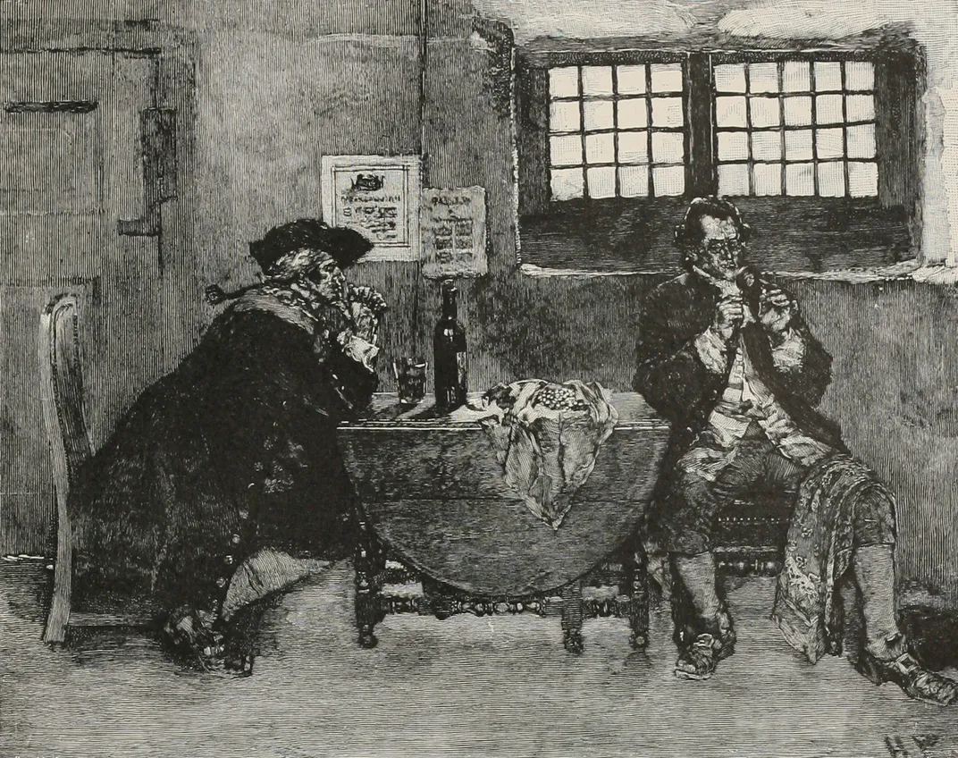 An 1887 engraving of Henry Avery selling jewels following his escape from the authorities