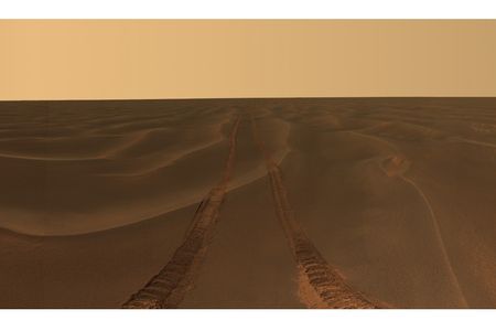The immense emptiness of Mars' Meridiani Plains, taken by the Opportunity Rover during the month it was stuck in a sand rippled dubbed Purgatory. Full size version.
