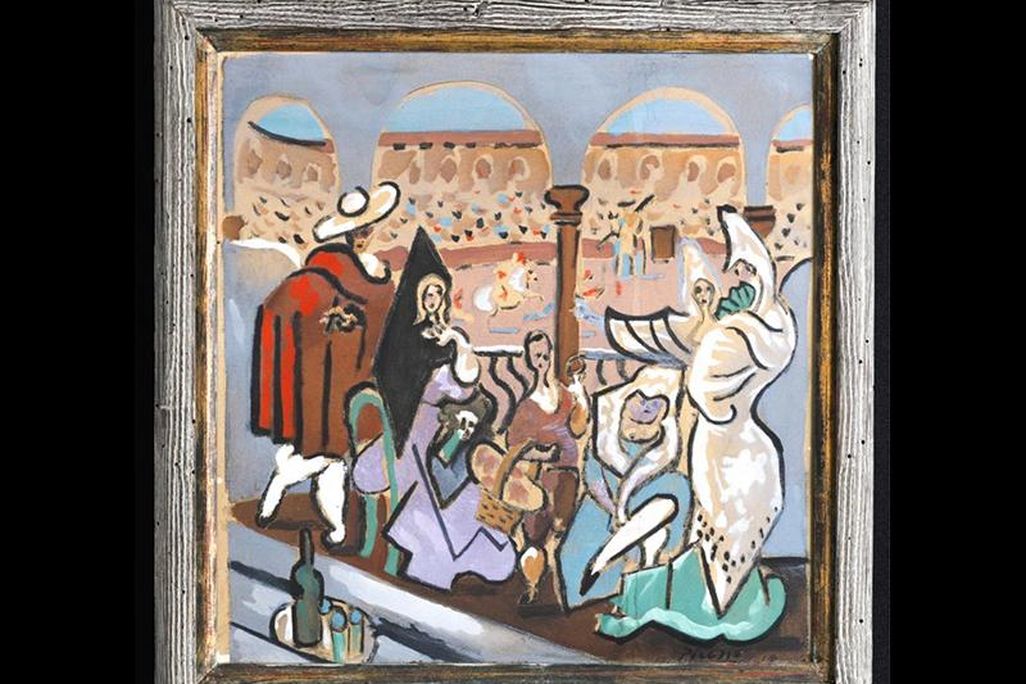 A work on paper depicting a bullfighting ring with a crowd, a man with a red cape and widebrimmed hat, a seated woman in a purple dress and more figures in elaborate costume