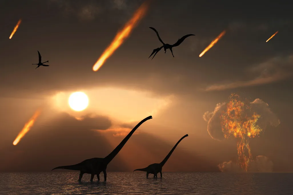 An artist's illustration of asteroids falling to Earth killing the dinosaurs