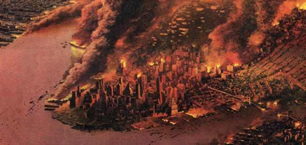 1950 depiction of a smoldering New York after a nuclear attack