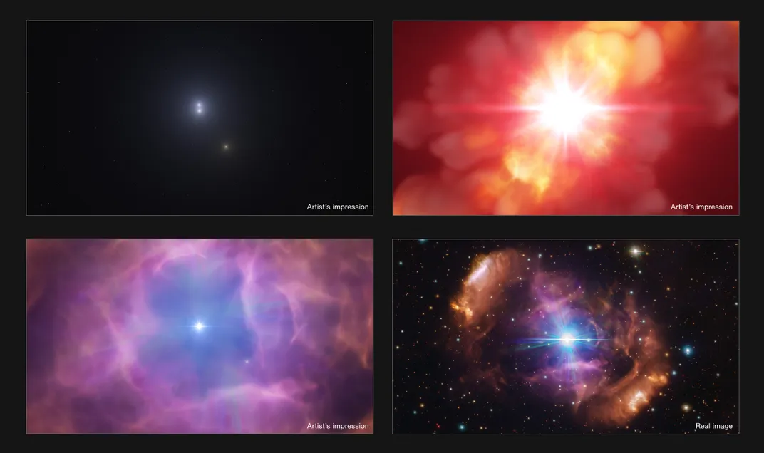 Three panels show an artist's interpretation of how two stars merged to create the larger, younger, magnetic star currently residing inside the Dragon's Egg Nebula binary system.