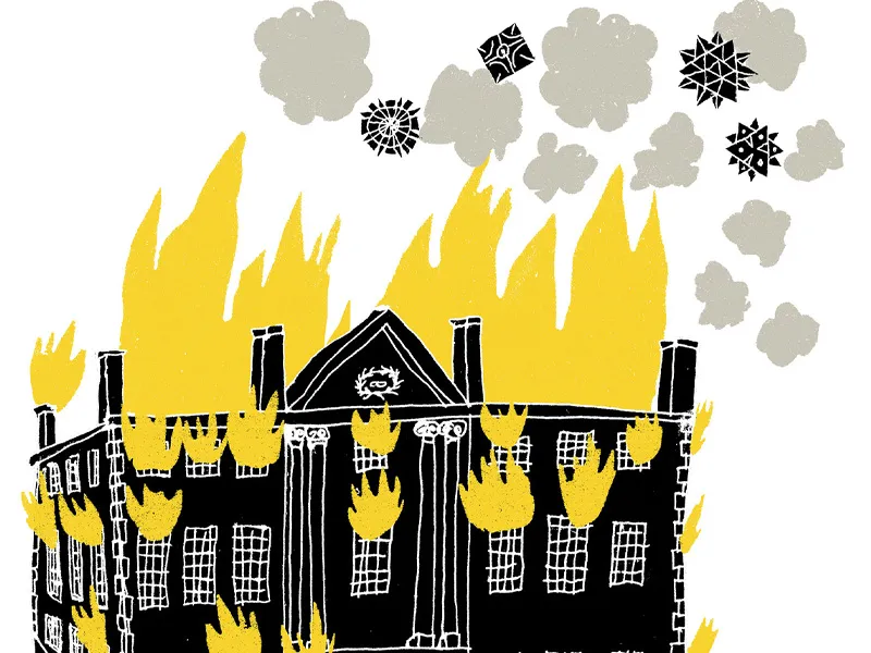 an illustration of a patent building on fire