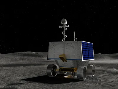 An illustration of NASA&#39;s VIPER rover drilling on the moon