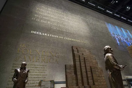 The stacked bricks represent the people enslaved by President Thomas Jefferson in 1776 and include his own children and their mother Sally Hemings.