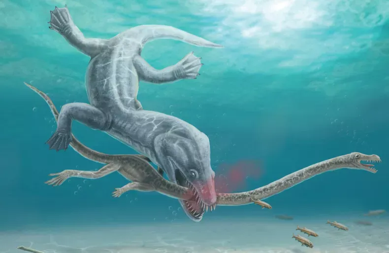 Artistic illustration of marine reptile decapitation