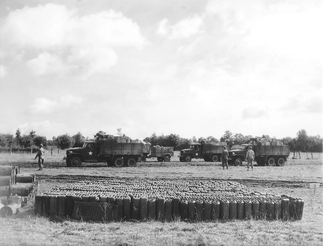 A depot of jerricans awaiting loading onto Red Ball Express trucks in Europe in 1944