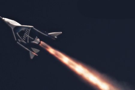 The first powered flight of VSS Unity, April 5, 2018.