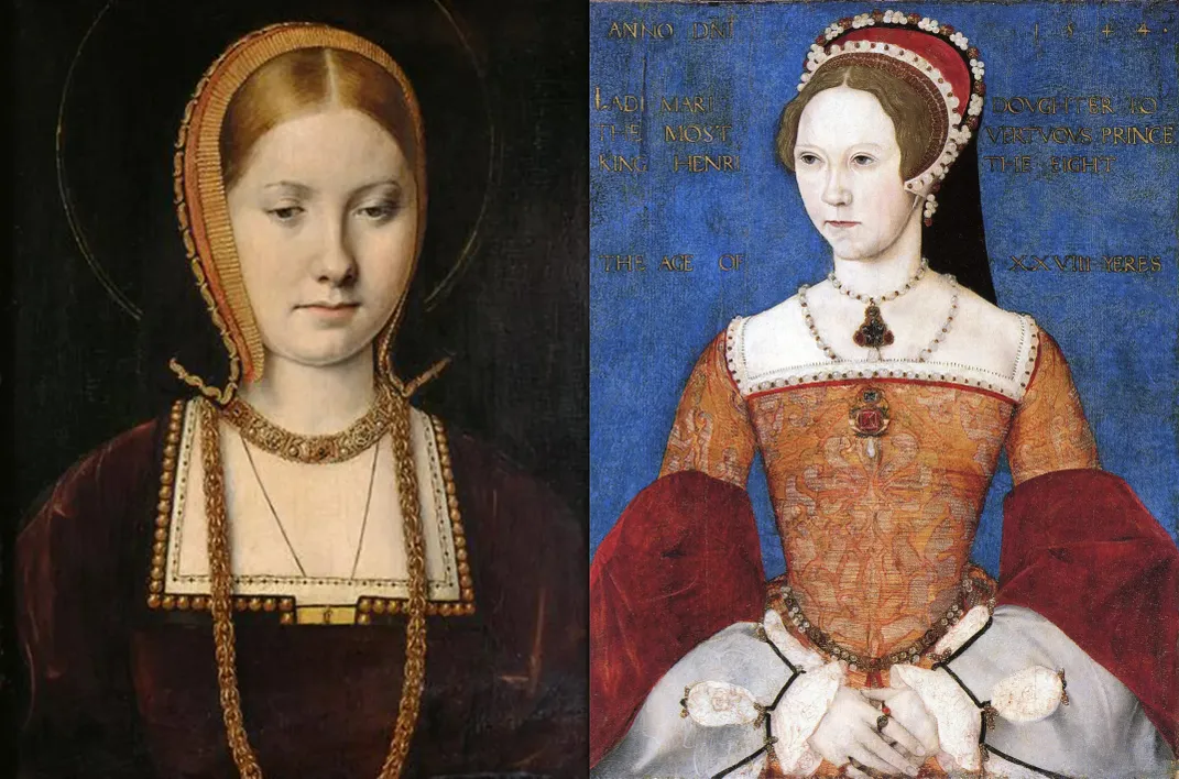 Portrait believed to depict a young Catherine of Aragon (left) and a 1544 portrait of the future Mary I, daughter of Henry and Catherine (right)