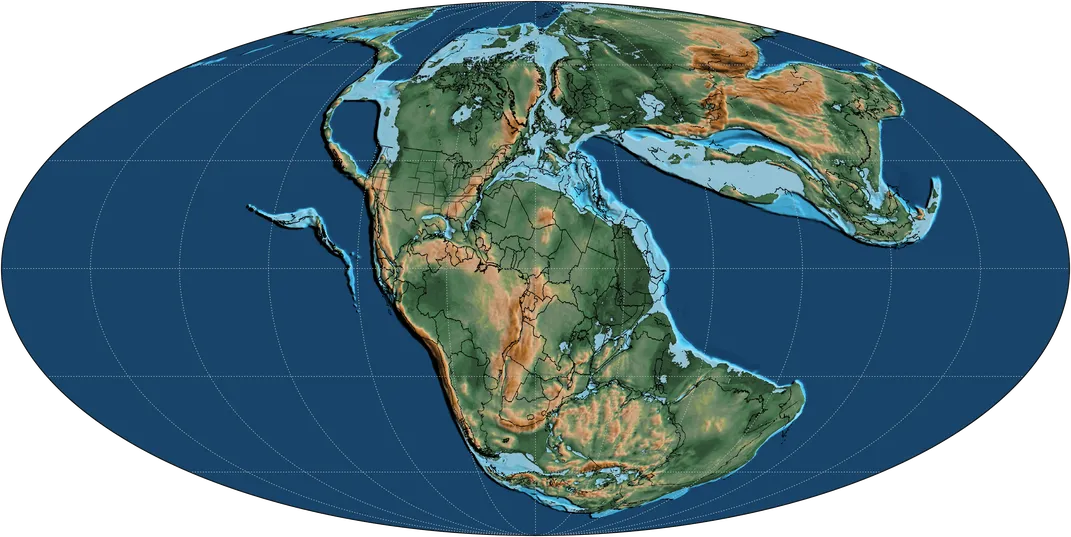 a map of the Earth long ago, with the continents generally pushed together, but separating