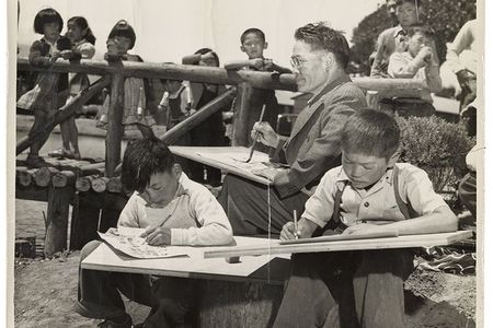 Photograph of Chiura Obata teaching a children's art class at Tanforan Art School, 1942 / unidentified photographer.