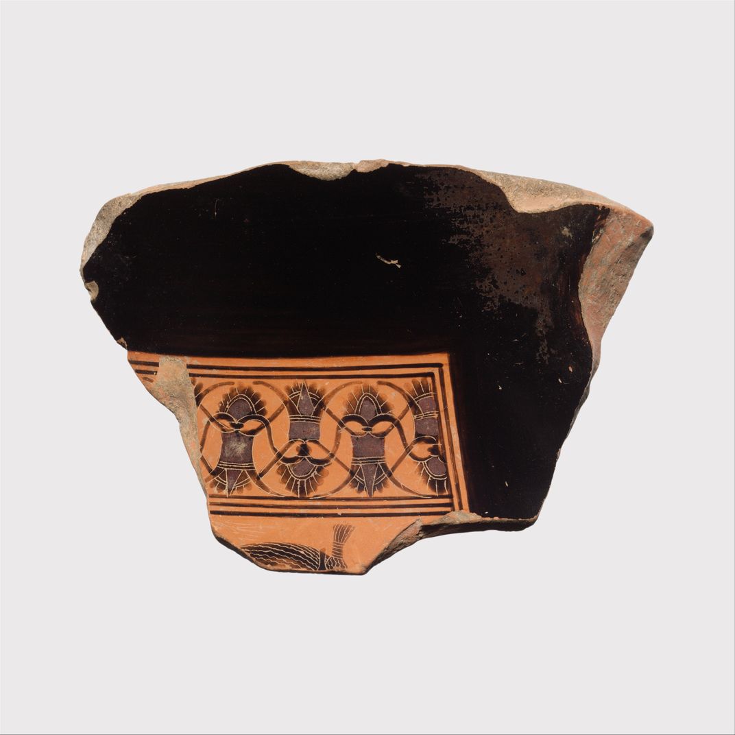 Fragment of a terracotta amphora attributed to the Amasis Painter ("Amasis Painter Amphora Fragment"), dated ca. 550 B.C.