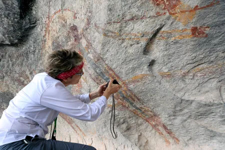 Researcher Carolyn Boyd examines a Pecos River style pictograph in Seminole Canyon State Park and Historic Site.
&nbsp;