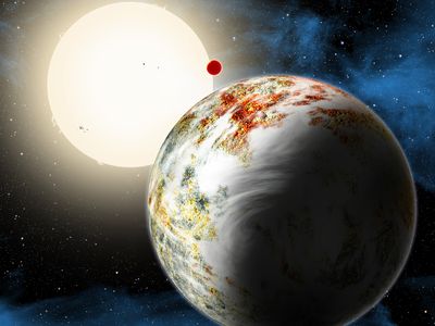 The newly discovered "mega-Earth" Kepler-10c dominates the foreground in this artist's conception. Its sibling, the lava world Kepler-10b, is in the background. Both orbit a sunlike star. Kepler-10c has a diameter of about 18,000 miles, 2.3 times as large as Earth, and weighs 17 times as much. Therefore it is all solids, although it may possess a thin atmosphere shown here as wispy clouds.
