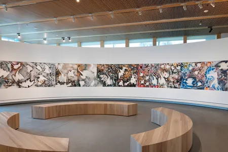 The top floor of the new Espace Riopelle&ndash;Michael Audain Pavilion features&nbsp;Tribute to Rosa Luxemburg&nbsp;(1992), which Riopelle created after the death of his longtime companion Joan Mitchell.



