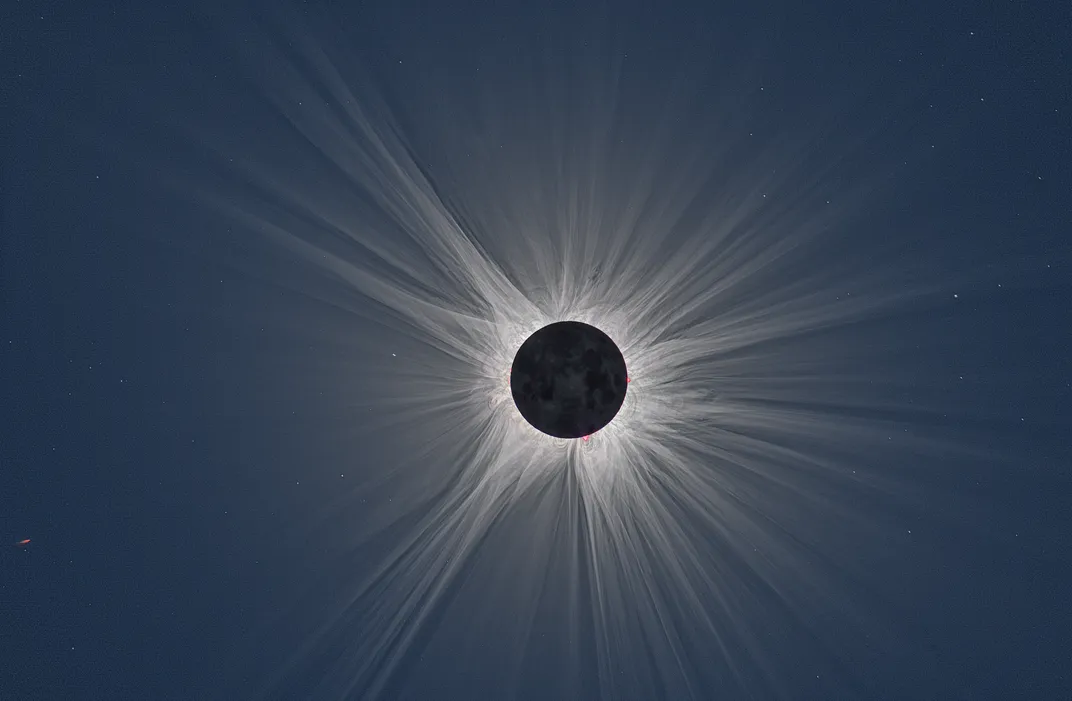 A composite image shows the eclipsed Sun and its extended corona during totality in Durango, Mexico.