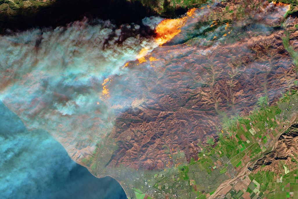 False-color satellite image of the Thomas Fire's burn scar and active flames, in northern Ventura, on December 5, 2017.
