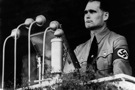 Nazi official Rudolf Hess delivering a public address in 1937.