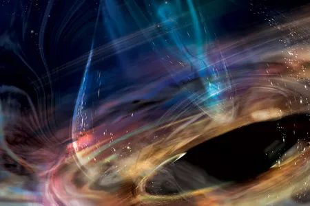 An artist&rsquo;s concept of a white dwarf orbiting a supermassive black hole and shedding matter