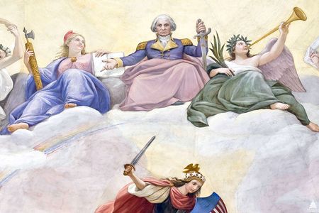 This detail of The Apotheosis of Washington, a fresco painted in the 19th century by Constantino Brumidi in the eye of the rotunda of the U.S. Capitol Building, depicts George Washington rising to the heavens, flanked by the Roman goddesses of liberty (left) and victory (right).