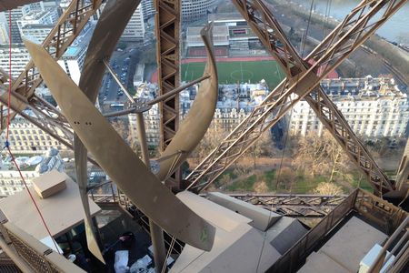 One of two newly installed wind turbines at the Eiffel Tower.