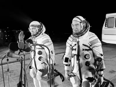 Ready to set a space endurance record, cosmonauts Yuri Romanenko (left) and Georgy Grechko prepare to board their Soyuz 26 rocket in 1977.