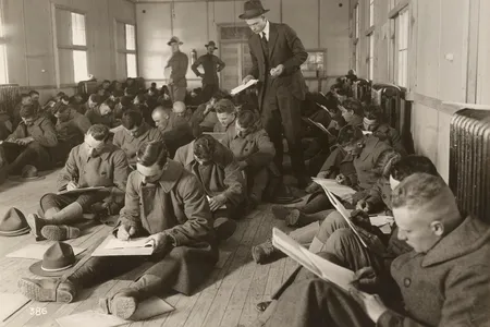 Soldiers take a psychological test (the exact type of examination is unclear) in Camp Lee in Virginia in November 1917, the year the United States entered World War I and  Woodworth first developed his test.