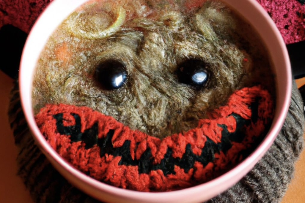 A soup bowl monster made of yarn, created by DALL-E