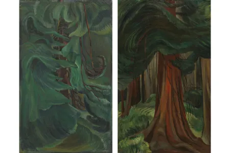 Curator Richard Hill notes Carr&rsquo;s unusual choice to orient her nature paintings vertically, as in Cedar (left, 1942) and Red Cedar (1931). &ldquo;It really is a portrait of a tree.&rdquo;