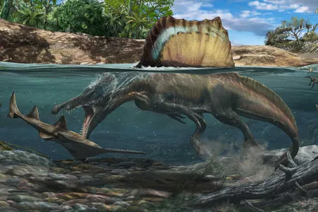 A Spinosaurs hunts a Onchopristis underwater. Dense bones helped the predator swim at depth.