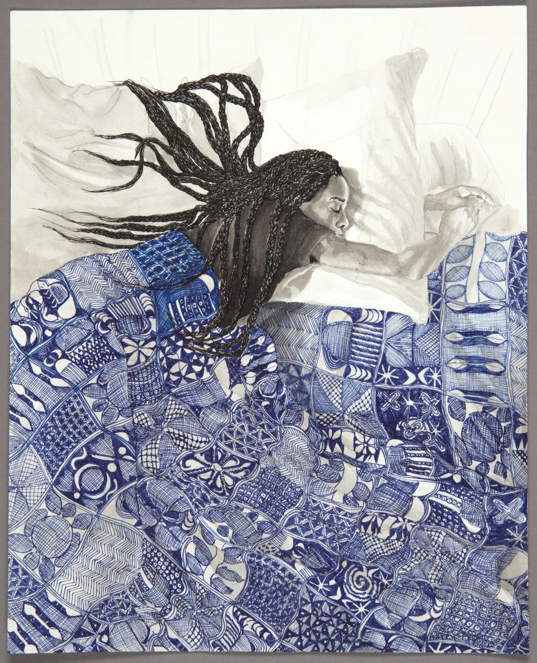 An artworks featuring a grayscale young girl with long braids sleeping in a bed, with an indigo quilt over top of her