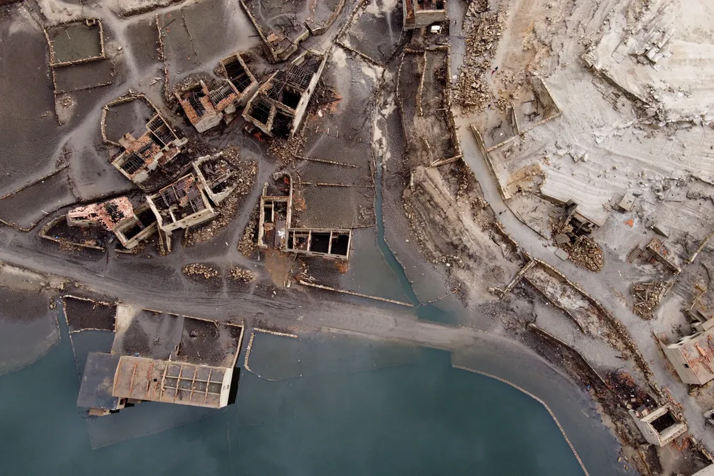 Aerial view of the usually submerged ruins of the village of Aceredo in northwestern Spain on February 15, 2022
