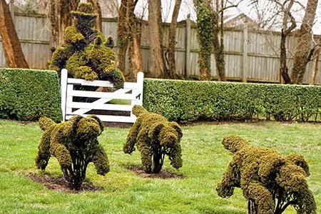 Whimsy runs riot at Harvey Ladew's Maryland estate, from a library with a shelf that swings open to reveal a secret entrance to the gardens to the topiary hedges, featuring a fat man walking a tiny dog, and a rider and hounds in hot pursuit of a fox.