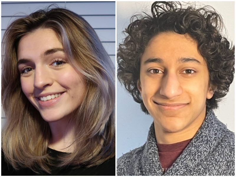 Two cropped headshots. Left, a young woman with shoulder-length hair smiles at the camera; right, a young man with curly black hair and a grey sweater smiles at the camera