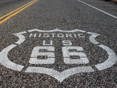Route 66 sign painted on the road