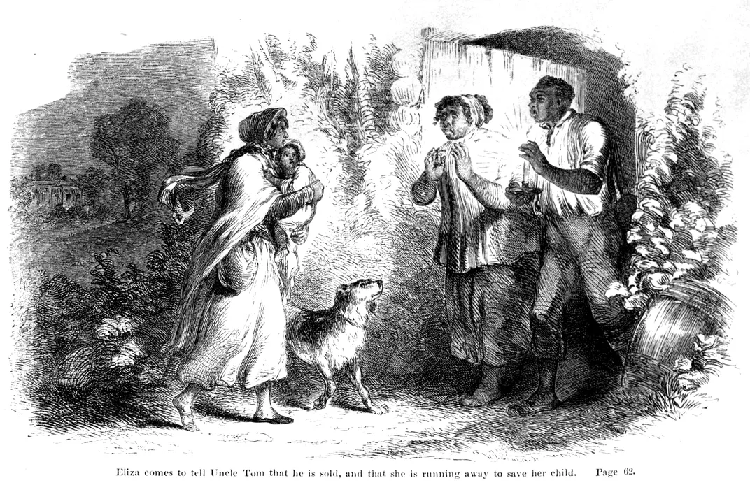 Full-page illustration by Hammatt Billings for the first edition of Uncle Tom's Cabin (1852). Eliza tells Uncle Tom that he has been sold and is running away to save her child.