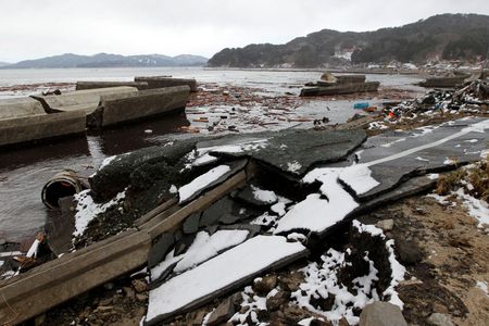 Destroyed sea walls in Otsuchi, Japan, in March 2011