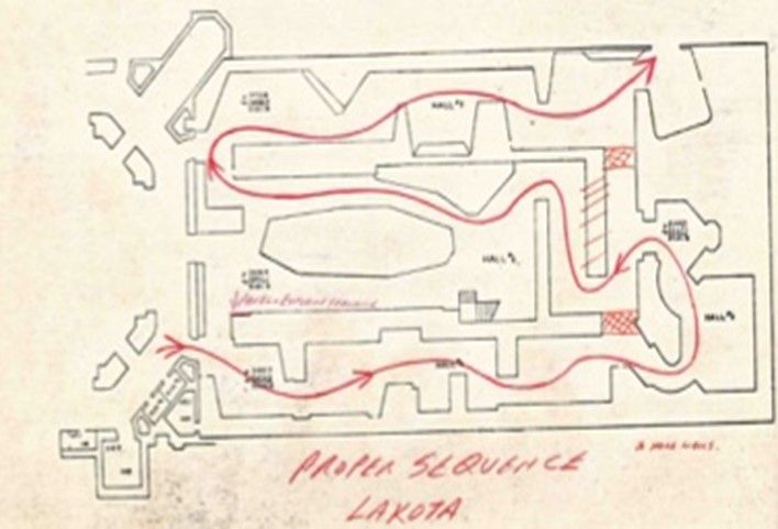 Cream and black floor plan of the Smithsonian's fossil hall in the 1960s with red lines showing how visitors should travel through the exhibition.  