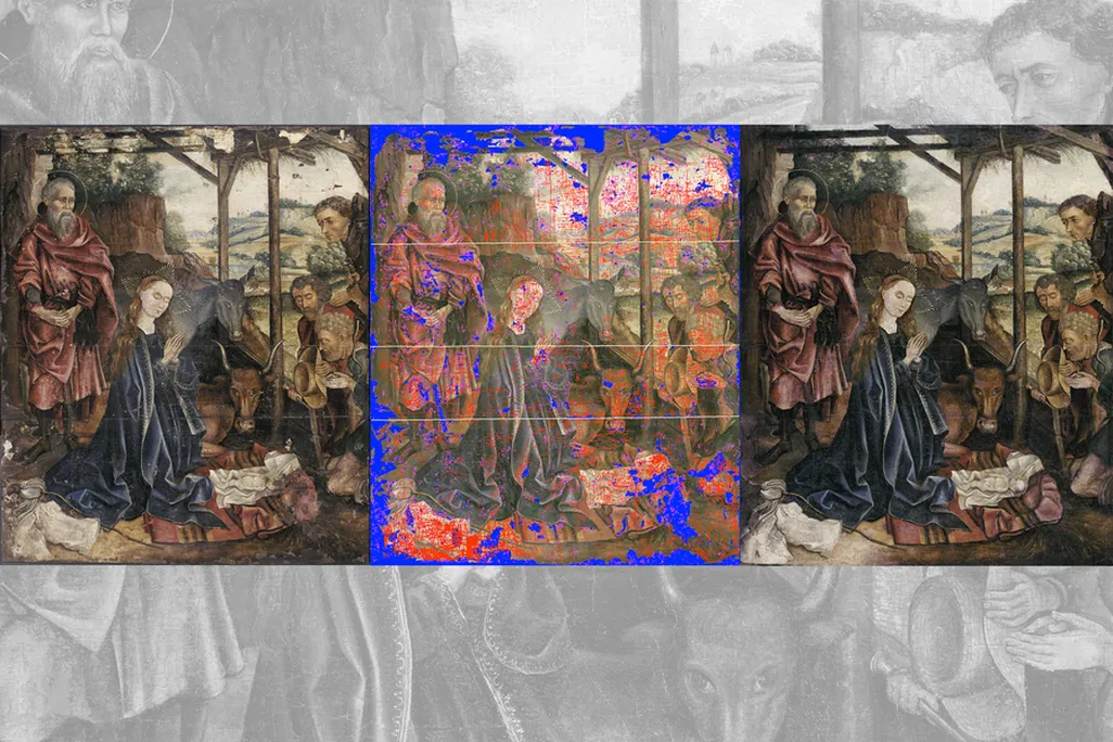 Scans of the painting during various stages in its restoration. On the right is the restored painting with the applied laminate mask.