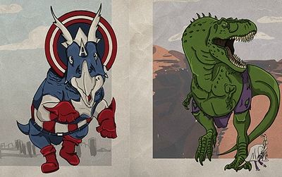 Superhero dinosaurs: Captain America as Triceratops; Tyrannosaurus as the Hulk and Compsognathus as Bruce Banner; Ankylosaurus as Thor.