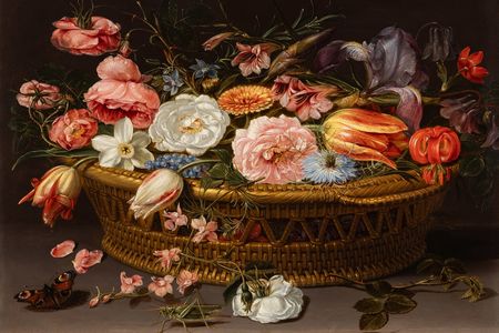 The full title of the painting by Clara Peeters is&nbsp;Still life of roses, carnations, tulips, narcissi, irises, love-in-a-mist, larkspur, and other flowers, in a wicker basket, with a butterfly and a cricket.