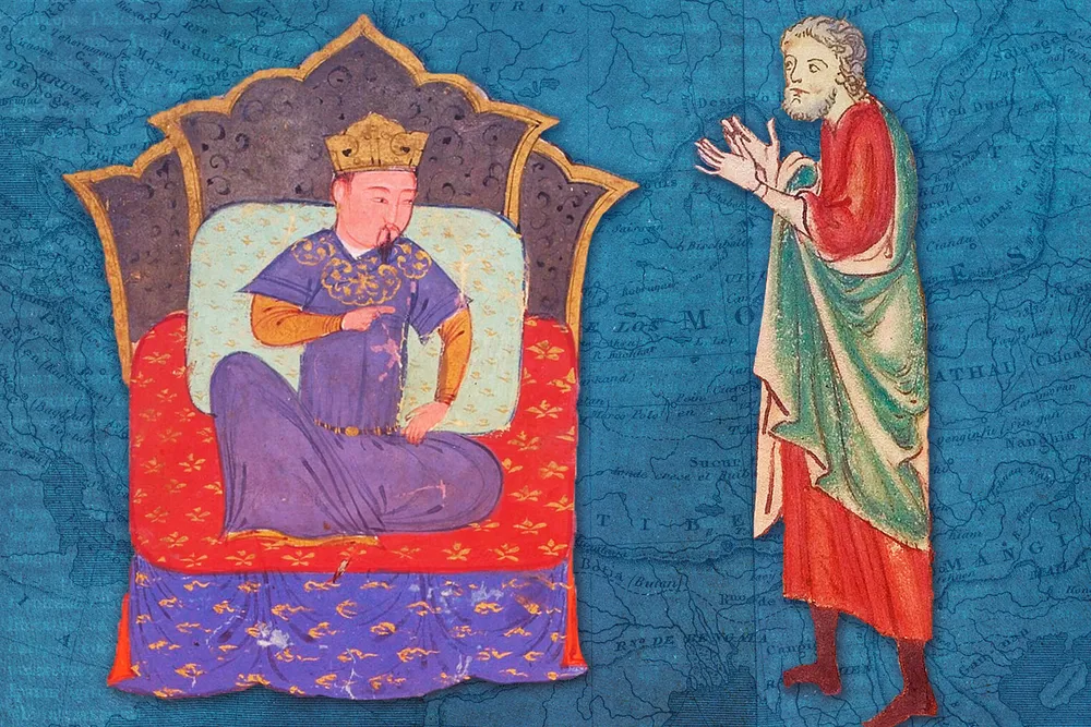 Illustration of Batu Khan and a medieval man in front a map of the Mongol Empire