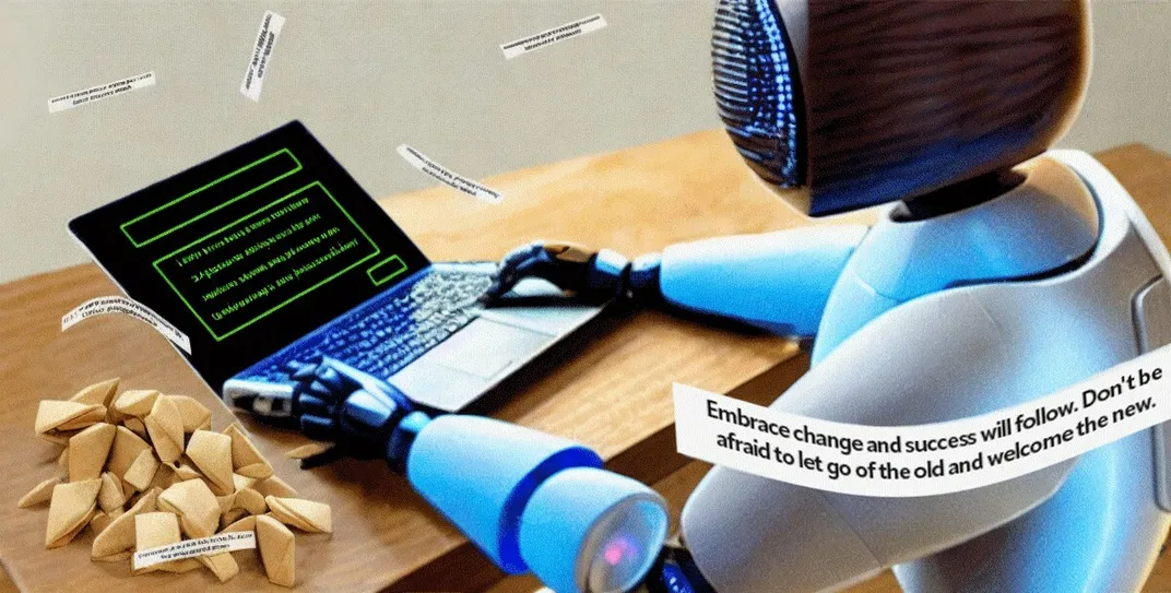 Robot typing on a computer next to a pile of fortune cookies