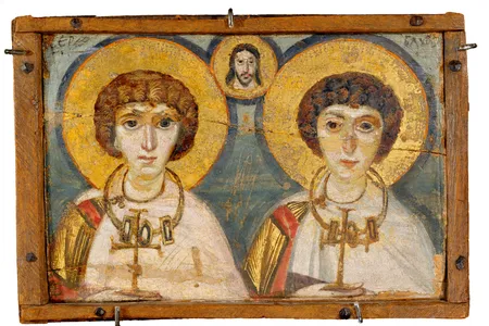 This icon featuring images of Saints Sergius and Bacchus is one of four encaustic paintings on display at the Louvre after being evacuated from Ukraine.