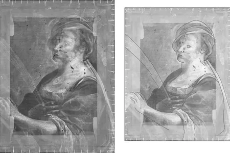 Underdrawing as seen under X-ray (left) and underdrawing superimposed with elements of 1619 portrait (right)