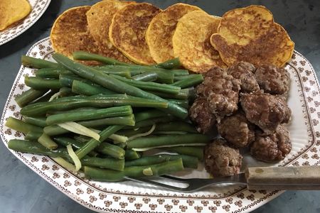 Eighmey's colonial-style corn cakes (top), forcemeat balls (lower right) and pickled French beans (lower left).